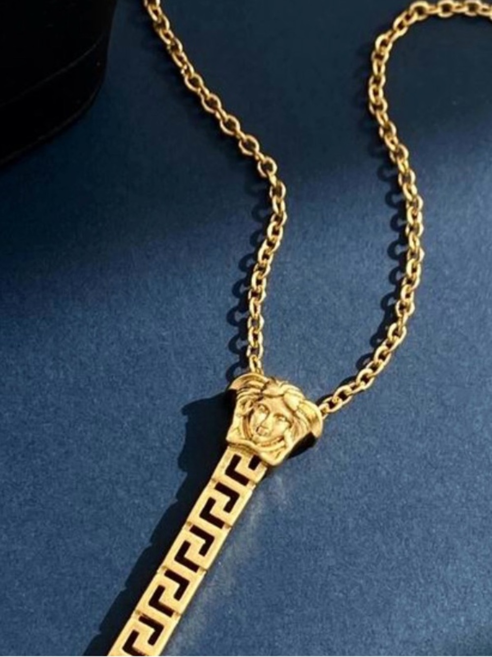 Gold Plated Versace Style Medusa Vertical Bar Pendant Necklace
